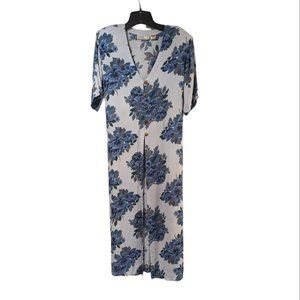 Lolette Blue Floral Button Up Short Sleeve Shoulder Pad Maxi Dress Sz M